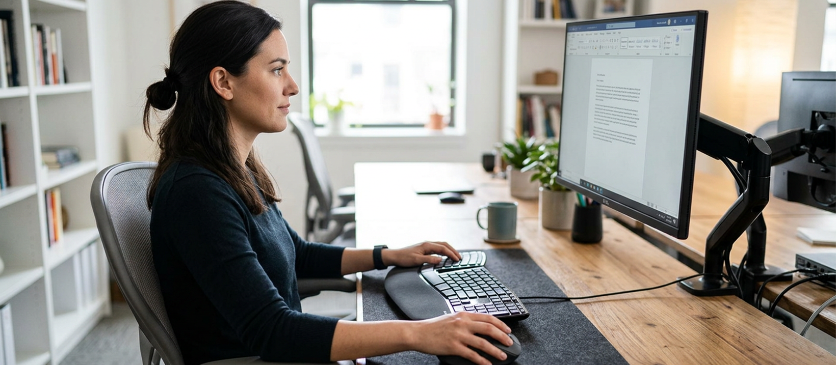 Ergonomic keyboard and mouse positioned at the correct height with wrists neutral and relaxed